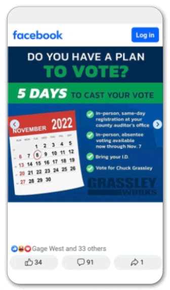 Gif used on the Push Digital website header that shows a Facebook view of Chuck Grassley's campaign for making sure people cast a vote in 2022.