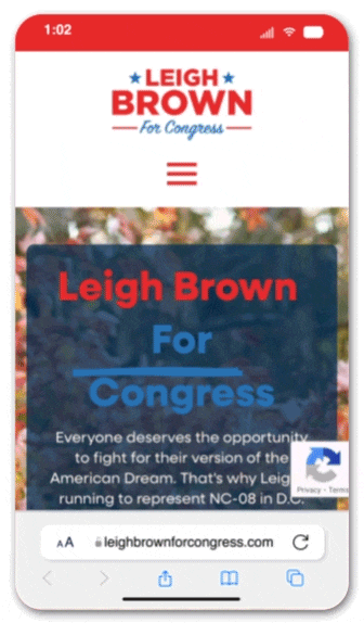 Mobile view of the official website for Leigh Brown for Congress, made by Push Digital and featured as part of a scrolling header for Push Digital's website.