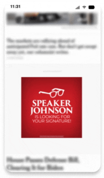 Gif used for the Push Digital website header, shows a red gif of Speaker Mike Johnson's glasses, with text that reads 