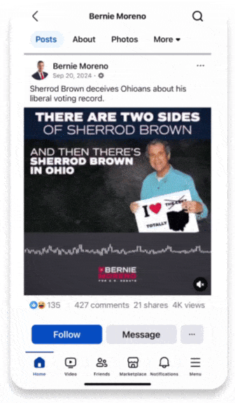 Bernie Moreno's facebook feature, made by Push Digital.