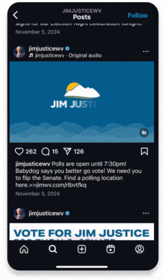 Scrolling gif of Senator Jim Justice's X account to showcase digital creative work by Push Digital.